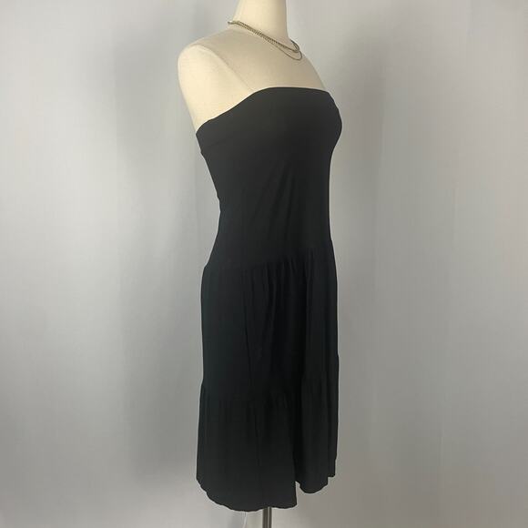 Boho Midi Dress Size Large Black Solid Strapless Tiered Broomstick Fairy Grunge - Picture 5 of 14